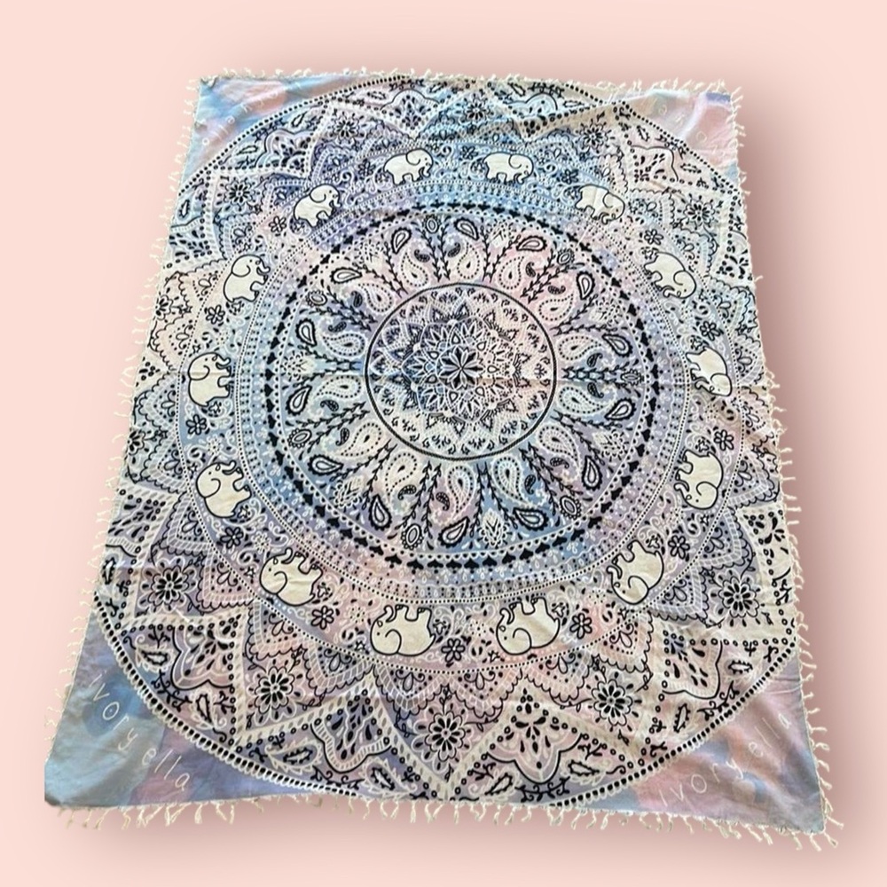 Ivory Ella Cotton Elephant Pastel Floral Paisley Fringe Large Tapestry Throw NWT
